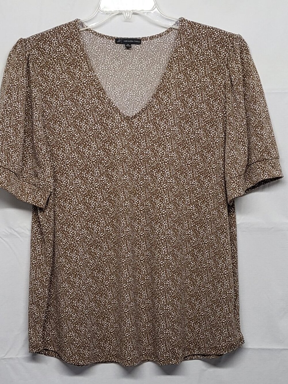 Adrianna Papell Womens Top XL Puff Short Sleeve Ditsy Print Stretch Brown
